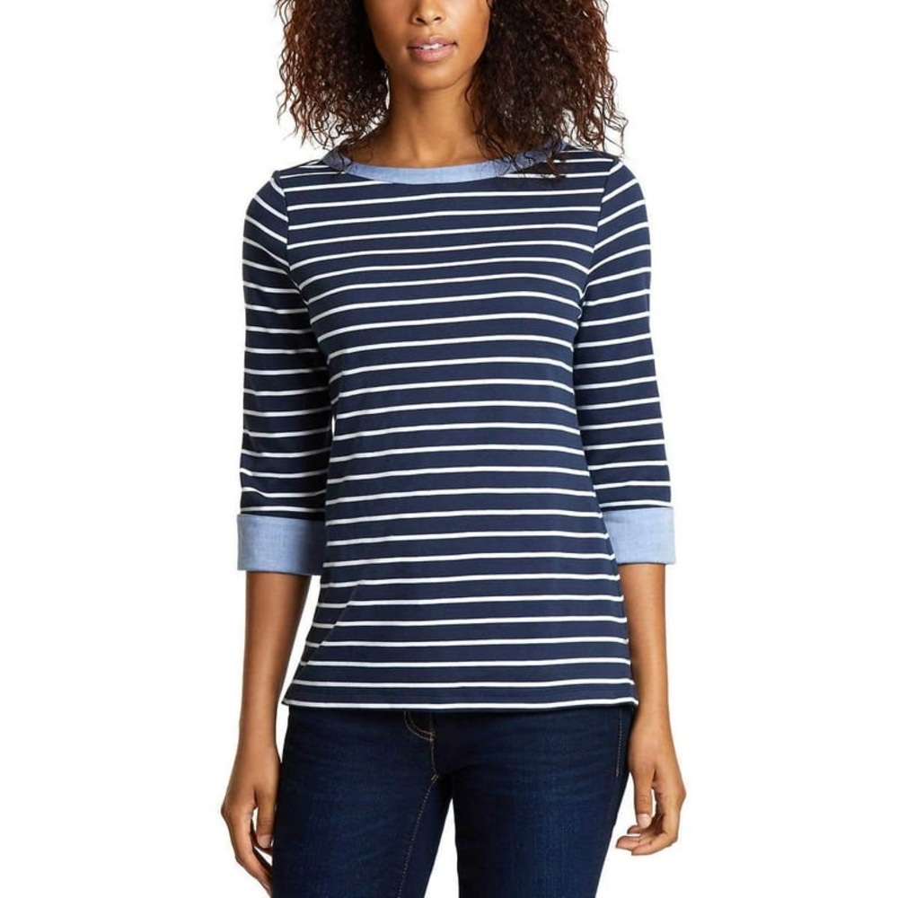Nautica 3/4 Cuffed Sleeve Chambray Casual Top Navy White Womens Large